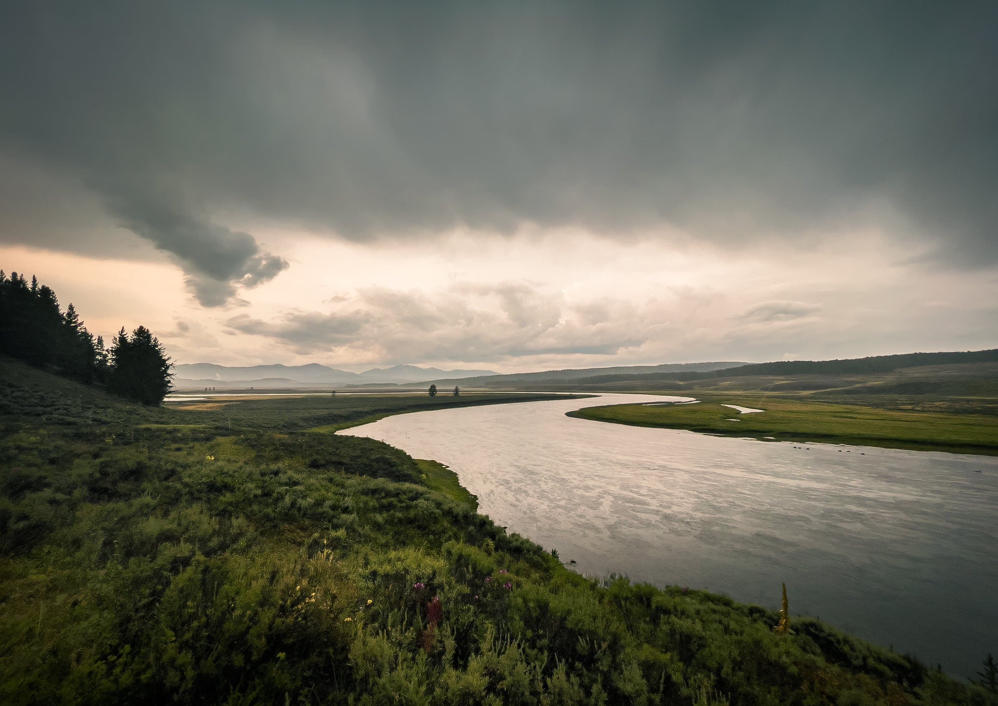 The Yellowstone River winding through open meadow below Yellowstone Lake
